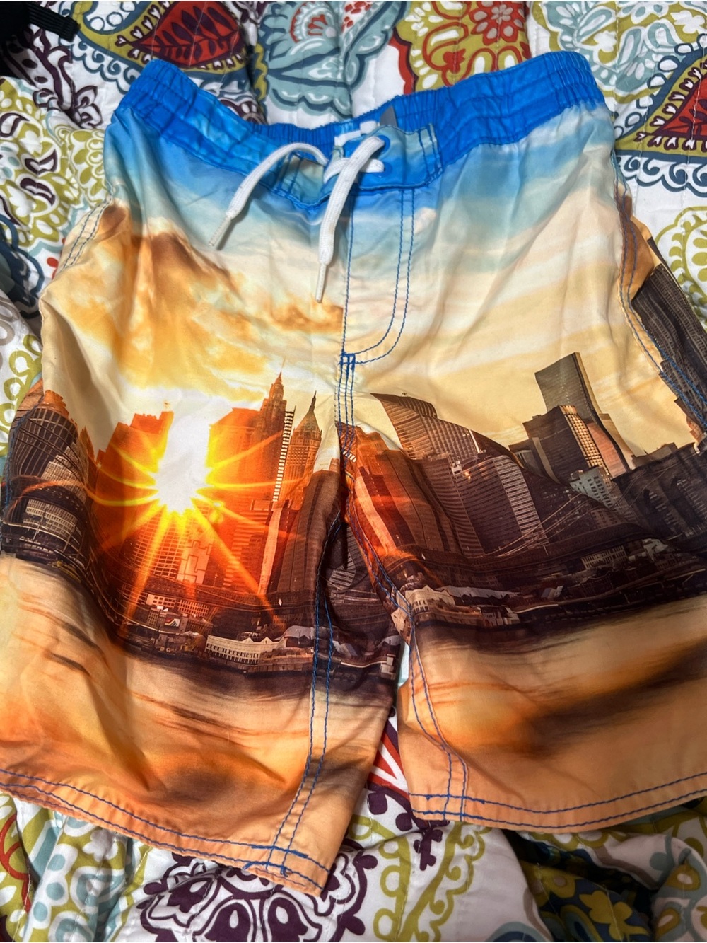 Old Navy Men's Skyline Sunset Swim Board Shorts - Blue and Orange